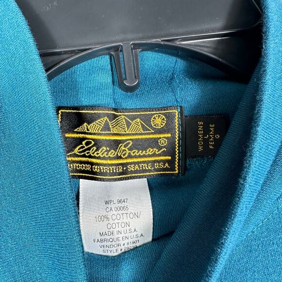 VINTAGE Eddie Bauer Women's L Turtleneck Blue Green Made In USA 100% Cotton - Picture 2 of 5